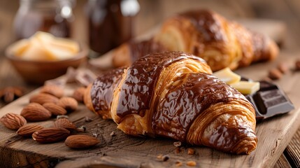 Front shot of tasty croissant with ingredients such as chocolate, almonds or cheese on wooden table, soft light