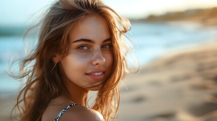 Portrait of a beautiful staying on beautiful beach on the background and sea side on horizon with soft light
