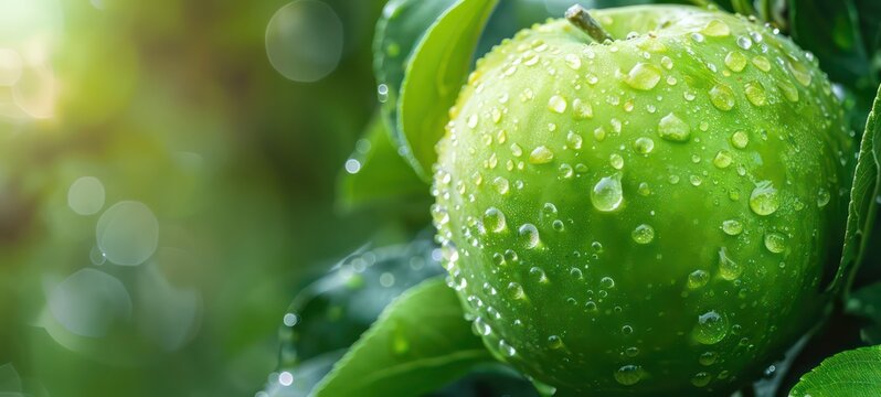 Micro shot close up of a fresh green apple fruit hanged on tree with water drops dew as wide banner with copy space area