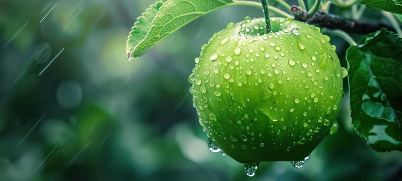 Micro shot close up of a fresh green apple fruit hanged on tree with water drops dew as wide banner with copy space area