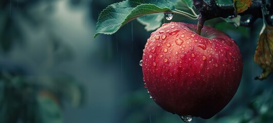 Micro shot close up of a fresh red apple fruit hanged on tree with water drops dew as wide banner with copy space area