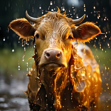 A cow soaked wet under heavy rainfall