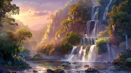 A painting depicting a majestic waterfall cascading in the midst of a dense forest. The lush greenery surrounds the powerful flow of water, creating a striking contrast between natures elements.