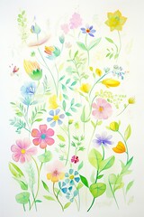 Spring Bloom, Spring's renewal, vibrant greens & florals, cartoon drawing, water color style.