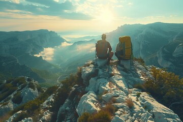 Two travelers with backpacks admiring majestic mountain landscape