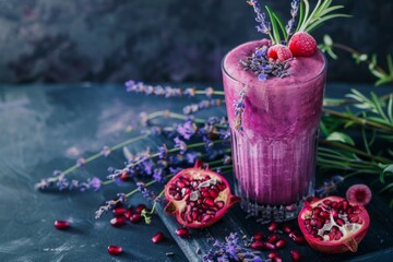 Purple smoothie with raspberries, lavender, and pomegranate seeds in a glass