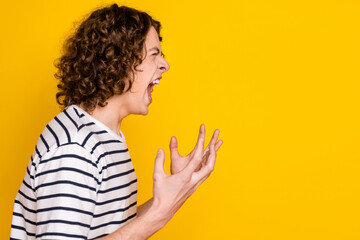 Profile side photo young teenager man aggressive having problems screaming copyspace mental...