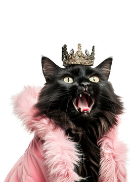 Funny glamorous black cat wearing feather jacket and crown over isolated transparent background