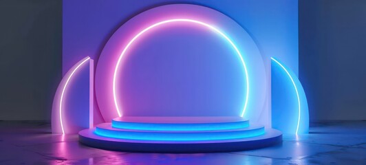 3d illustration rendering, gaming gamer background abstract wallpaper, cyberpunk style metaverse scifi game, neon glow of stage scene pedestal room