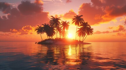 A small island covered with palm trees stands alone in the vast ocean under the clear blue sky on a sunny day.