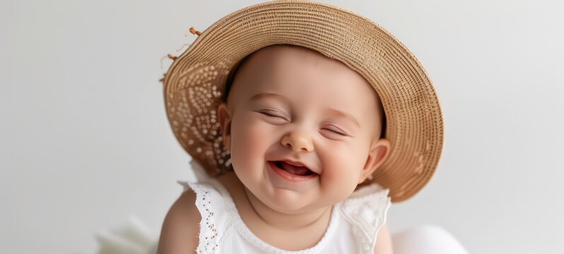 Portrait of cute newborn laughing happy baby in summer hat and white dress as studio shoot on a white background