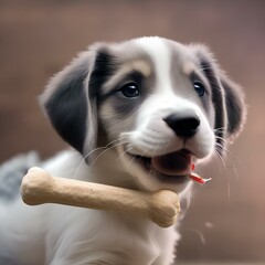 A playful puppy with a toy bone in its mouth, wagging its tail happily5 - obrazy, fototapety, plakaty