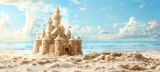 Sandcastle sculpture built at the beach in vacation summer time as wide banner with copy space area