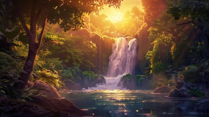 This painting depicts a serene waterfall flowing through the heart of an Asian forest. The cascading water creates a mesmerizing sight amidst the lush greenery and tall trees.