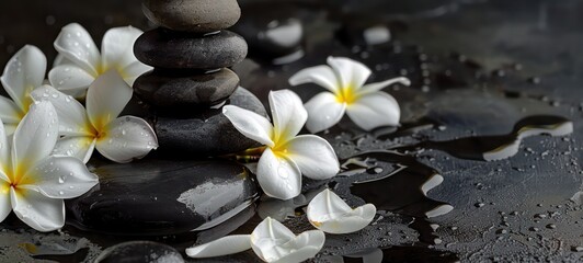 Spa or meditation massage therapy center banner of white plumeria white flowers and stack of black stones