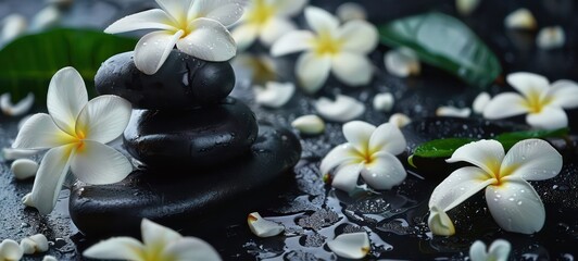 Obraz na płótnie Canvas Spa or meditation massage therapy center banner of white plumeria white flowers and stack of black stones