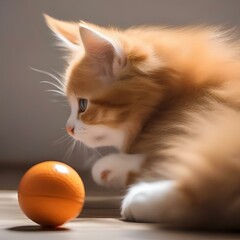 Fototapeta na wymiar A fluffy orange kitten with white paws, playing with a ball of string2