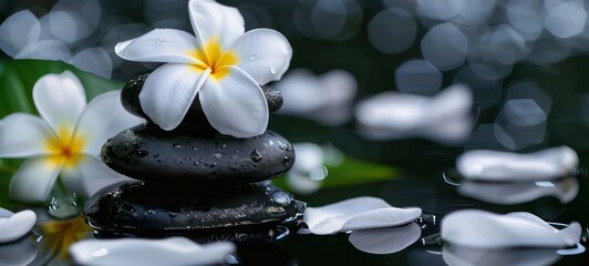 Spa or meditation massage therapy center banner of white plumeria white flowers and stack of black stones