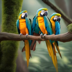 A group of colorful parrots perched on a tree branch, chirping happily2 - obrazy, fototapety, plakaty