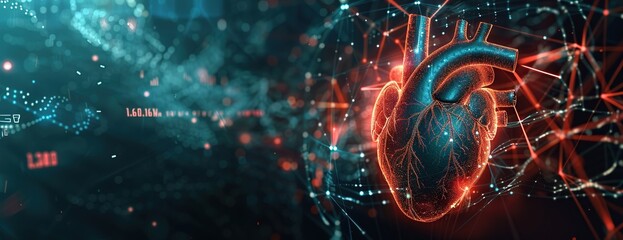 Abstract digital human heart with medical symbols and data visualizations on a dark background - obrazy, fototapety, plakaty