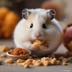 A fluffy hamster stuffing its cheeks full of food from a tiny bowl3 - obrazy, fototapety, plakaty