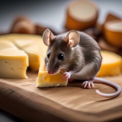 A tiny mouse eating a piece of cheese, with its tail curled up behind it3