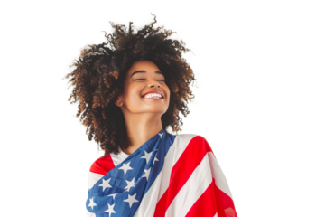 Cheerful African American woman wrapped in USA flag over isolated transparent background. Independence Day concept