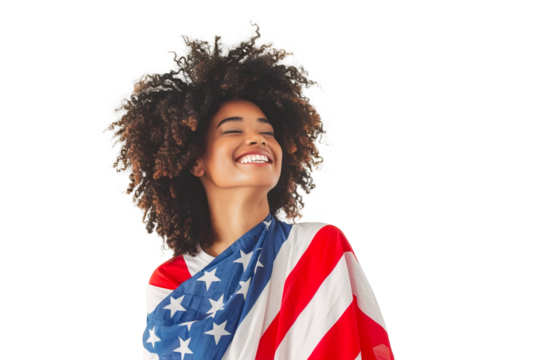 Cheerful African American woman wrapped in USA flag over isolated transparent background. Independence Day concept