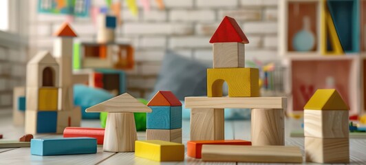 Wooden blocks building houses in a playroom as wide banner with copy space area