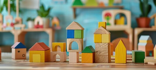 Wooden blocks building houses in a playroom as wide banner with copy space area