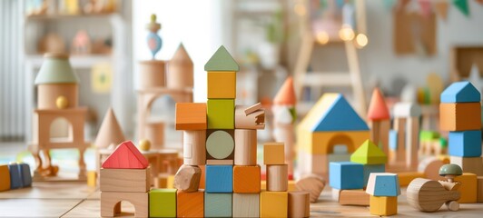Wooden blocks building houses in a playroom as wide banner with copy space area