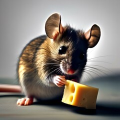 A tiny mouse eating a piece of cheese, with its tail curled up behind it1