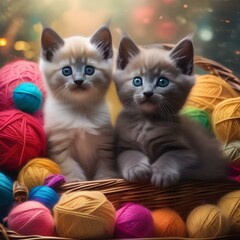 A pair of kittens sitting in a basket, surrounded by colorful balls of yarn3