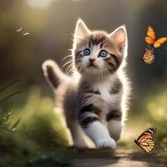 A playful kitten chasing a butterfly, with its tail puffed up4 - obrazy, fototapety, plakaty