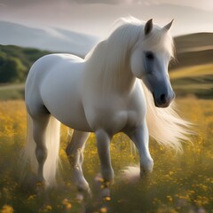 Obraz na płótnie Canvas A majestic white horse with a long, flowing mane, standing in a field of wildflowers5