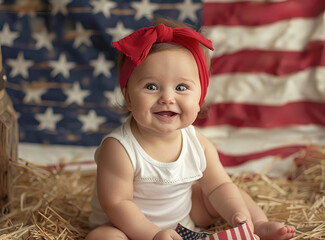 Adorable happy baby girl sitting on the ground holding an American flag, with a big big USA flag in barn as background