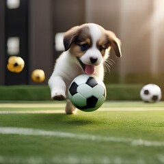 A group of puppies playing with a soccer ball, rolling around in the grass4 - obrazy, fototapety, plakaty