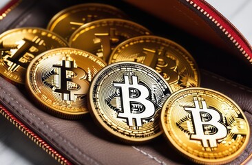 Wallet, bitcoin coins, dollars. Cryptocurrency wallet, saving and investment concept. Wallet with different crypto coins like bitcoin. Wallet, bitcoin coins on a black background, for business. Golden