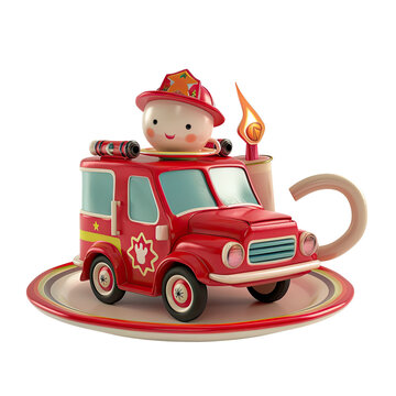 A miniature fire truck with a small fireman figurine on top, racing to a tea party emergency in a whimsical scene. Isolated on transparent