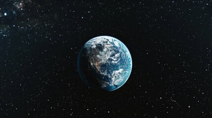 This image shows Earth as seen from space, surrounded by a backdrop of stars. The planet appears vividly against the dark expanse of space, highlighting its blue oceans and green landmasses.