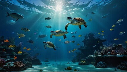 Submerged Wonder: Beneath the Waves, an Ethereal Underwater Scene Unfolds - obrazy, fototapety, plakaty