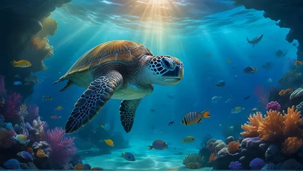 Foto op Plexiglas Submerged Majesty: Beneath the Waves, an Ethereal Underwater Scene Unfolds © Online Jack Oliver