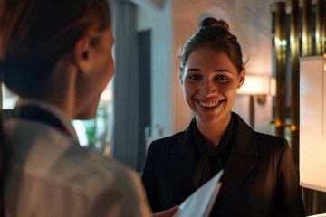 Warmly welcoming hotel receptionist having a pleasant conversation with a guest. Friendly Hotel Receptionist Welcoming Guest