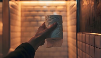 Person's hand holding toilet paper in bathroom - obrazy, fototapety, plakaty
