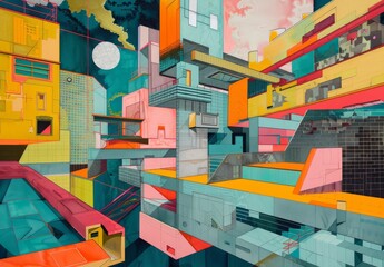 Imaginative depictions of architectural elements and structures, reimagined in abstract and fantastical ways, with distorted perspectives, playful geometries, and unexpected juxtapositions