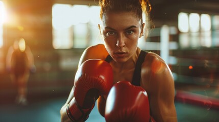 Female boxer with red boxing gloves in boxing gym. Athletic woman with determination. Female fighter practicing boxing punches. Concept of strength, boxing training, women in sport