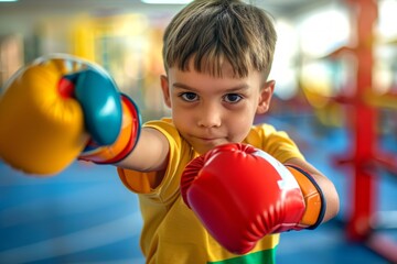 Kid boxer. Young boy with boxing gloves in a playroom. Child in colorful sportswear practicing boxing. Concept of childhood activity, sports training, active lifestyle, and confidence building.