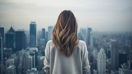 a woman standing in front of a city
