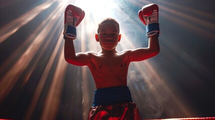 Victorious African American boy in a boxing ring, arms raised in triumph. Child boxer. Little champion with boxing gloves celebrating. Concept of achievement, youth sports, victory, celebration.
