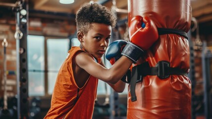 African American boy training boxing, focused child in gym with boxing gloves. Kid boxer practicing punches. Concept of childhood discipline, athletic training, youth sports, and active lifestyle